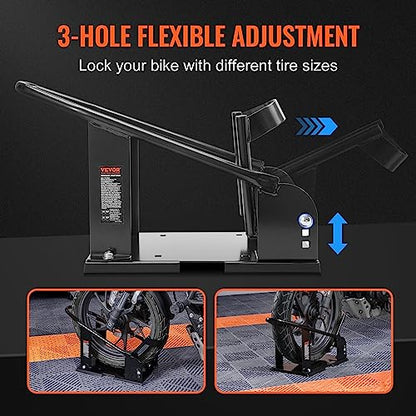 VEVOR Motorcycle Wheel Chock, Max. 1800 lbs Heavy Duty Motorcycle Stand, with 3 Adjustable Holes, Durable Steel Motorbike Front Tire Bracket, Fits 15"-21" Wheels, Work with Off-Road and Regular Bikes