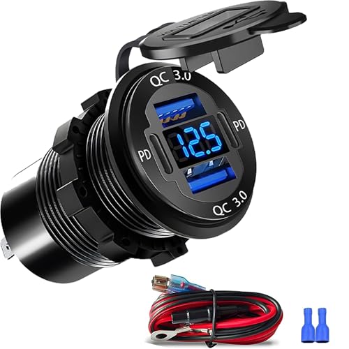 Upgraded 4 Port 12V USB Outlet, 78W Dual PD & QC Aluminum Alloy USB Ports with LED Voltmeter Waterproof for Cars, Cigarette Lighter Replacement 12V Socket for Boats RV Trucks and Motorcycles - color: Pack of 1