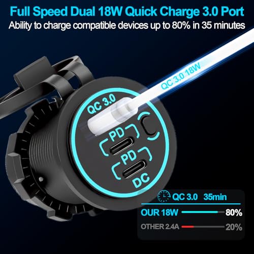 12v usb charger, PD 20W USB-C Power Socket and 18W QC3.0 Socket Waterproof Power Outlet 12V/24V with Power Switch 12V USB C Outlet for Car Golf Cart Boat Marine Bus Truck RV Marine Motorcycle etc. - color: 2PD+1QC