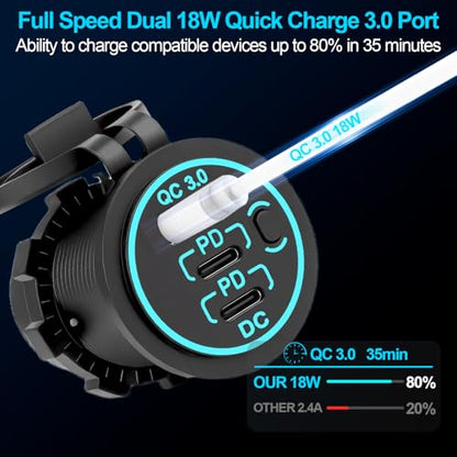 12v usb charger, PD 20W USB-C Power Socket and 18W QC3.0 Socket Waterproof Power Outlet 12V/24V with Power Switch 12V USB C Outlet for Car Golf Cart Boat Marine Bus Truck RV Marine Motorcycle etc. - color: 2PD+1QC