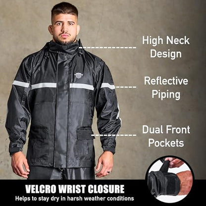 Waterproof Motorcycle Rain Suit, 2-Piece Reflective Gear, Lightweight Riding Jacket & Pants, Protective Raincoat with Hoodie - color: Black, size: M-L