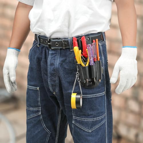 Small Tool Pouch, Genuine Leather Electrician Tool Pouch | 7 Pockets with Metal Tape Chain, Reinforced Rivets, Convenient & Quick Tool Access