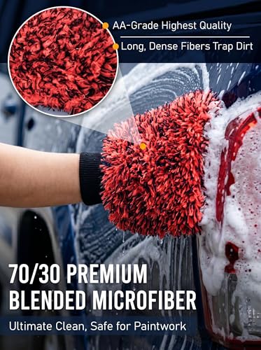 TAKAVU Car Wash Mitt Scratch Free, 2 Pack Microfiber Wash Mitts for Auto Detailing, Soft Lint Free Cleaning Gloves, Holds Sudsy Water, Machine Washable (Red & Black) - color: Red
