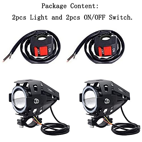 2pcs Bright 3000LM 125W LED Motorcycle Headlight With Demon Angel Blue Eyes auxiliary Work Light Spotlight Driving Fog Spot Lamp Universal for Car Offroad ATV Truck + 2pcs Switch
