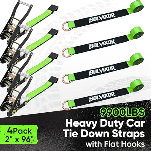 4 Pack Car Tie Down Straps for Trailers - 2" x 96" - 9900LBS Break Strength - Heavy Duty Tire Ratchet Straps with Flat Hooks for Hauling UTV, SUV, Truck, Any Cars - color: Green