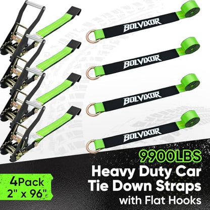 4 Pack Car Tie Down Straps for Trailers - 2" x 96" - 9900LBS Break Strength - Heavy Duty Tire Ratchet Straps with Flat Hooks for Hauling UTV, SUV, Truck, Any Cars - color: Green