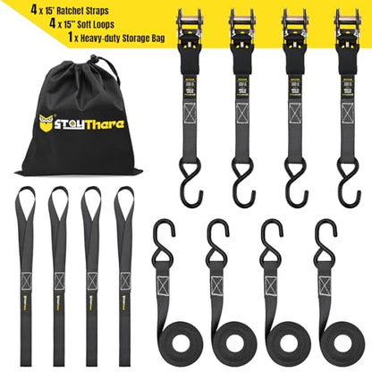 Stay There Ratchet Tie Down Straps 1'' x15', Ratchet Straps with S Hook - 1760lb Break Strength for Securing Motorcycle, Kayak, Truck with Rubber Handles, A Sturdy Bonus Bag & 4 Soft Loops Included - color: Black