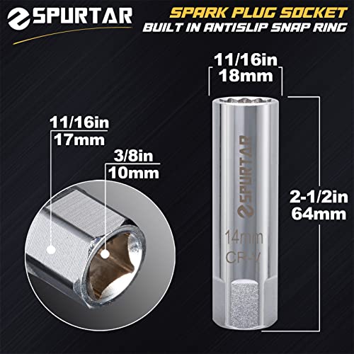 Spurtar 14mm Spark Plug Socket 12-Point Thin Wall 3/8" Drive Spring Clips Spark Plug Removal Tool Compatible with BMW, Mercedes, Nissan, Motorcycle, Car, SUV CRV Steel Wrench - size: 14mm Spring Clip
