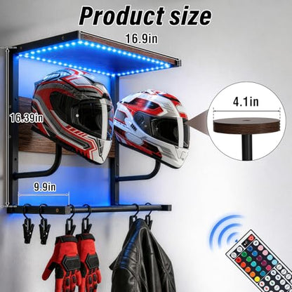 Motorcycle Helmet Rack Wall Mount with Light, Black & Steel Motorcycle Helmet Rack With RGB Light, Waterproof Heavy Duty Helmet Display Shelf for Jackets, Gear & Motorcycle Accessories Storage - size: Small