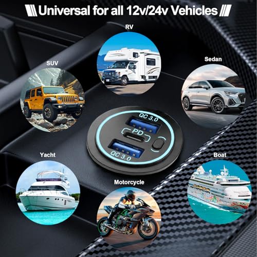 12v usb charger, PD 20W USB-C Power Socket and 18W QC3.0 Socket Waterproof Power Outlet 12V/24V with Power Switch 12V USB C Outlet for Car Golf Cart Boat Marine Bus Truck RV Marine Motorcycle etc. - color: 2QC+1PD