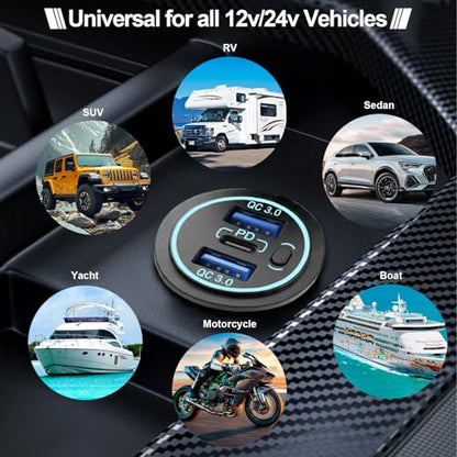12v usb charger, PD 20W USB-C Power Socket and 18W QC3.0 Socket Waterproof Power Outlet 12V/24V with Power Switch 12V USB C Outlet for Car Golf Cart Boat Marine Bus Truck RV Marine Motorcycle etc. - color: 2QC+1PD