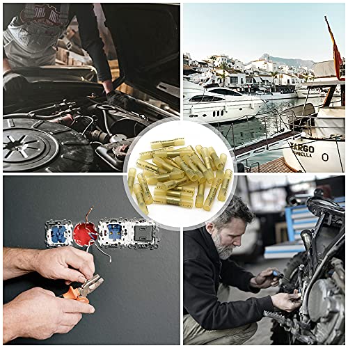 100 Pcs Yellow Heat Shrink Butt Connectors, 12-10 AWG Waterproof Crimp Terminals Electrical Wire Connectors Splice for Marine, Cable, Wiring Tool, Automotive - size: 12-10 AWG