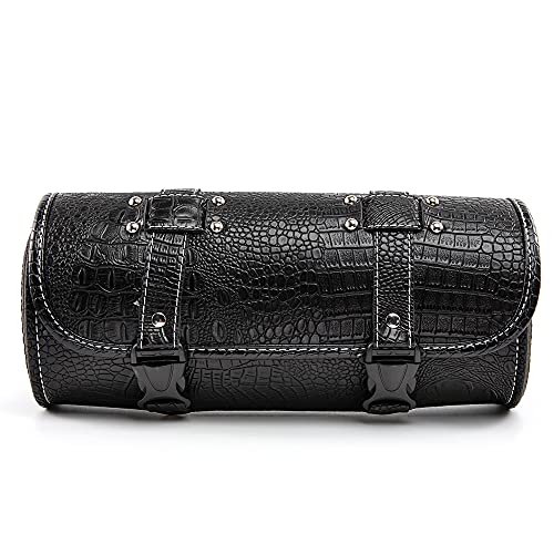 Motorcycle Handlebar Bag with 2 Attachment Straps, Black PU Crocodile Leather Saddle Bags, Round Fork Bags, Stylish Rivet Roll Side Bag for Storing Small Tools - color: Black 1