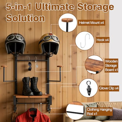 Wall Mounted Motorcycle Helmet Holder, Heavy-Duty Helmet Rack with 4 Helmet Mounts & 4 Glove Clips, Rustic Wall Mounted Organizer with 4 Hooks for Motorcycle Helmets, Shoes, Accessories