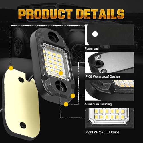 4 Pods White Rock Lights 24 LEDs Chips Waterproof Neon Trail Rig Lamp Underglow Light for Car Truck Motorcycle SUV ATV UTV (White) - color: White
