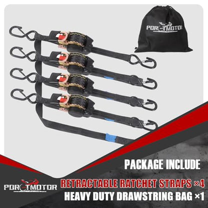 Retractable Ratchet Straps with Built-in Soft Loop, 1 Inch x 10 Feet Self Retracting Straps for Cargo, Truck, Motorcycle, ATV (4 Pack, with Storge Bag)