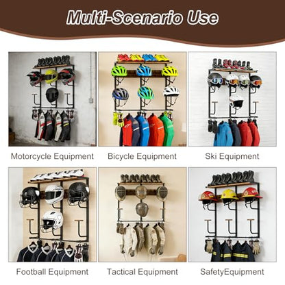 6-in-1 Motorcycle Helmet Rack with Hooks & Shelves, Helmet Wall Mounted Organizer for 6 Helmets, Gear & Accessories, Heavy-Duty Storage for Garage & Entryway - size: Large