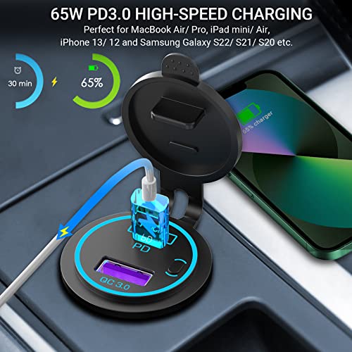 83W 12V USB Outlet Laptop Charger: 2 Pack 65W USB-C PD3.0 and 18W QC3.0 Multi Car Port 12V Socket Waterproof with Power Switch for Car Boat Marine Bus Truck Golf Cart RV Moto, etc. - color: 65W