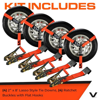 VULCAN Car Tie Down with Flat Hooks - Lasso Style - 2 Inch x 96 Inch - 4 Pack - PROSeries - 3,300 Pound Safe Working Load - size: Flat Hooks - ProSeries Orange (4 Pack)