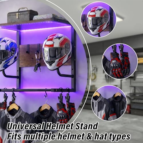 Motorcycle Helmet Rack Wall Mount with Light, Black & Steel Motorcycle Helmet Rack With RGB Light, Waterproof Heavy Duty Helmet Display Shelf for Jackets, Gear & Motorcycle Accessories Storage - size: Small