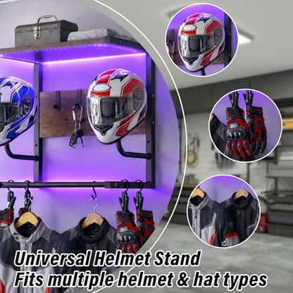 Motorcycle Helmet Rack Wall Mount with Light, Black & Steel Motorcycle Helmet Rack With RGB Light, Waterproof Heavy Duty Helmet Display Shelf for Jackets, Gear & Motorcycle Accessories Storage - size: Small