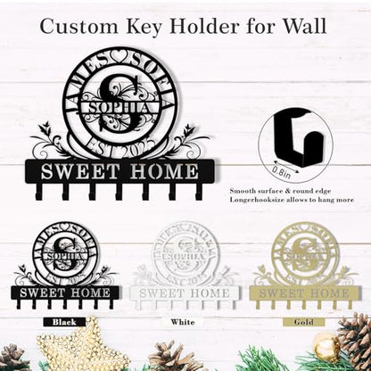 Personalized Key Holder Wall Mount, Custom Family Name Metal Key Rack Organizer, Wall Keys Hanger with Monogram Design, Home Keys Hooks for Bedroom Entryway, Anniversary Couple Gift - color: 10 Monogram