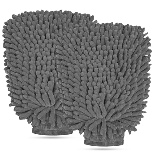 2 PCS Car Wash Mitt, Scratch-Free & Lint-Free Chenille Microfiber Wash Mitts, Highly Absorbent Double-Sided Glove for Auto Washing and Detailing, Universal Car Accessories (Gray) - color: Gray, size: 2 PCS