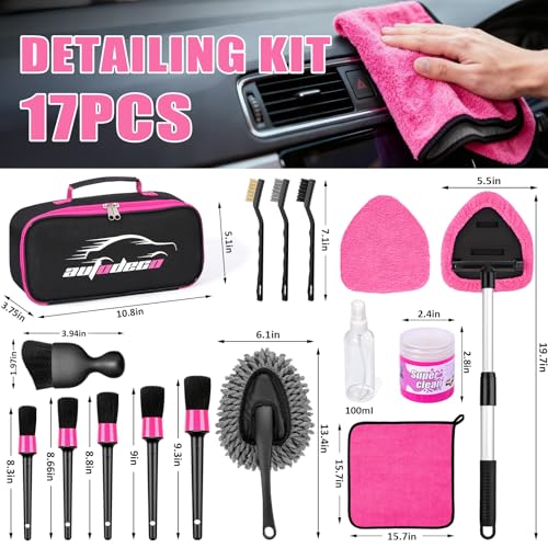 Windshield Cleaner Tool, 17Pcs Car Interior Detailing Kit, Detailing Brush, Towels, Duster, Car Cleaning Kit Interior for RVs, Truck, Trailer (Pink) - color: Pink
