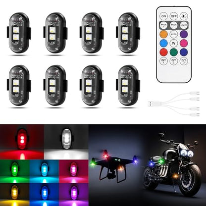 Wireless LED Lights for Car 8PCS with Remote Control, Wireless LED Strobe Lights 8 Colors USB Charge IP65 Waterproof Anti-Collision for Car Motorcycle Drone RC Aircraft Bike, Black