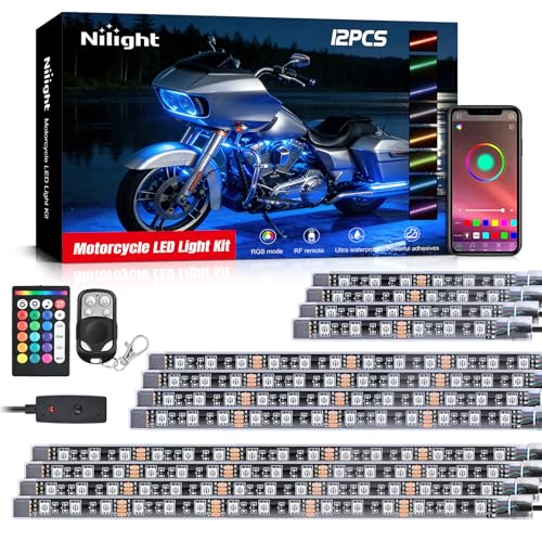 Nilight 12PCS Motorcycle RGB Led Light Kit Waterproof Multi Color Atmosphere Neon Accent APP and Remote Control Underbody Strips for Harley Davidson Honda Kawasaki Suzuki - color: 12Pcs RGB LED Strip-APP