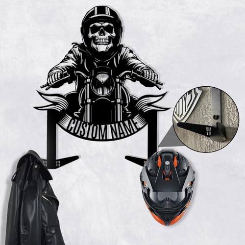 Dyoart Custom Metal Motorcycle Helmet Holder Wall Mount, Personalized Name Helmet Display Organizer with Hooks, Metal Helmet Hanger, Helmet Holder for Bike Tactical Gear Helmet Coats Caps - color: Style 03