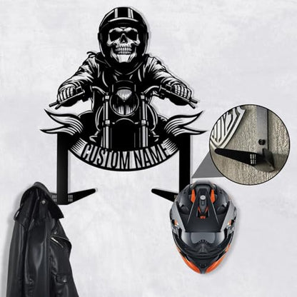 Dyoart Custom Metal Motorcycle Helmet Holder Wall Mount, Personalized Name Helmet Display Organizer with Hooks, Metal Helmet Hanger, Helmet Holder for Bike Tactical Gear Helmet Coats Caps - color: Style 03