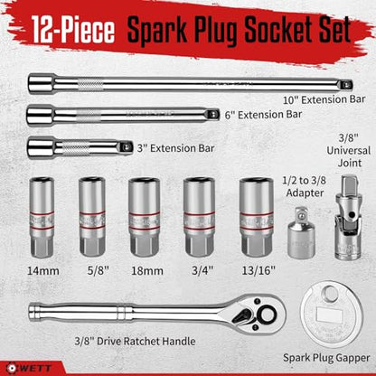 WETT 12Pcs Spark Plug Socket Set, 3/8" Drive Ratchet Handle with Mirror Polished Sockets, Spark Plug Gapper, Universal Joint and Extension Bar, Spark Plug Removal Tool with Rubber Retaining Ring