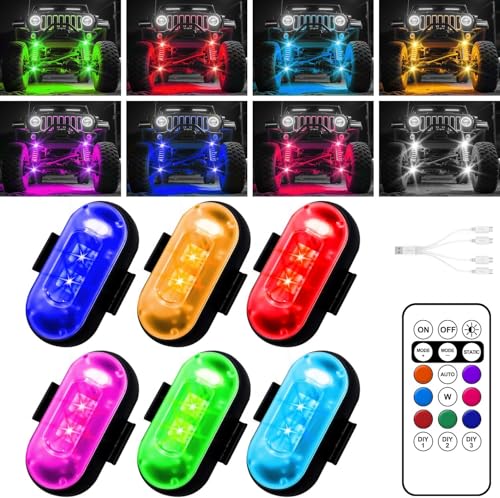 Wireless LED Lights for Car, Wireless Rock Lights with 8 Colors 10 Modes,Led Strobe Warning Light, Motorcycles, Boats, Camping, Bikes, Drones，Design in USA(6pcs Black) - size: 6pcs