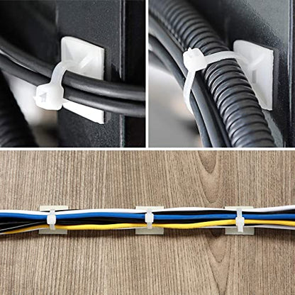 Strong Back-Glue Self Adhesive Cable Zip Tie Mounts Kit - 100 Set Cable Management Clips with 6" Zip Ties, Wire Holders - Outdoor Sticky Wire Organizer Clips - White - color: White