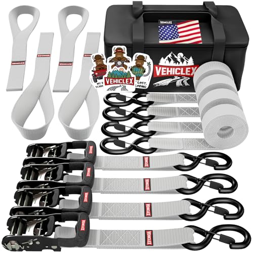 Vehiclex Motorcycle Ratchet Tie Down Straps with Soft Loops - 4PK Heavy Duty 1.5" x 8ft Kit, 4,400 lb Breaking Strength for Powersports, Silver - color: Silver, size: 8 ft - 4 Pack