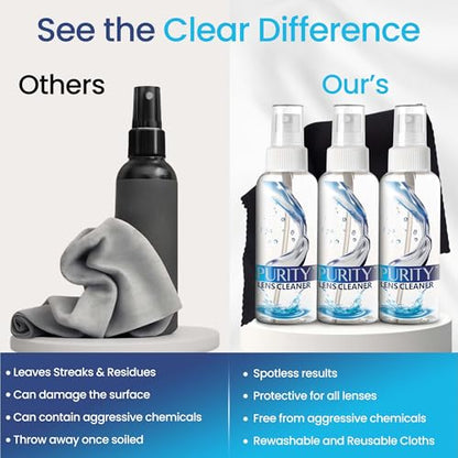 Purity Eyeglass Lens Cleaner Kit - 3 x 1oz Travel Size Lens Cleaner Spray Bottle + 2 Microfiber Cleaning Cloths - Safe for All Lenses (AR Coated Included), Eyeglasses and Screens - Clear - style: 5 Piece Set - 3 (1oz Lens Spray) + 2 (Microfiber Cloth)