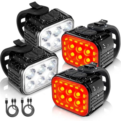 WORKPRO Bike Lights Set [8+13 Modes], Rechargeable Bicycle Light Set Ultra Bright, IP65 Waterproof Bike Lights for Night Riding, 1200mAh Bike Headlight and Tail Light Reflectors - color: Black+Black