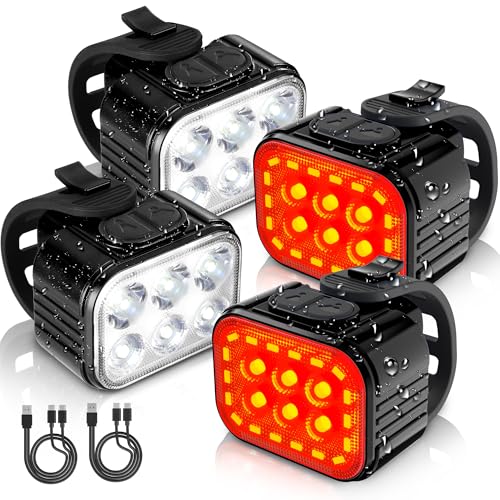 WORKPRO Bike Lights Set [8+13 Modes], Rechargeable Bicycle Light Set Ultra Bright, IP65 Waterproof Bike Lights for Night Riding, 1200mAh Bike Headlight and Tail Light Reflectors - color: Black+Black