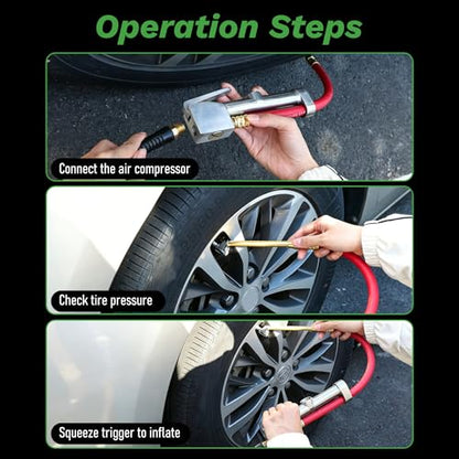 Heavy Duty Tire Inflator with Pressure Gauge 10-160 PSI, 1/4" NPT Dual Head Chuck, 15" Kink-Resistant Rubber Air Hose Compatible with Car, Truck, Motorcycle, ATV, SUV