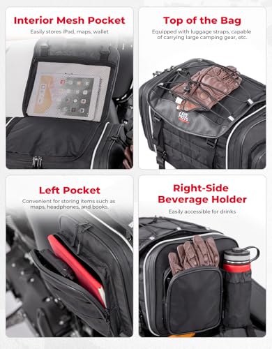 KEMIMOTO Motorcycle Travel Luggage Bags, Expandable Large Capacity Motorcycle Tail Bag, Waterproof Rear Rack Trunk, Motor Pannier Bag with Rain Cover and Straps 25L-30L - size: 25L-30L