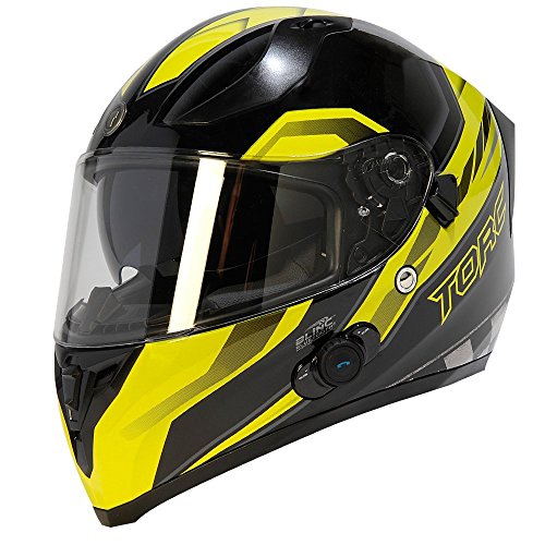TORC T15B Blinc Wireless Integrated Full Face Motorcycle Helmet DOT & ECE Approved - color: Gloss Black Edge Hiviz Yellow, size: X-Small