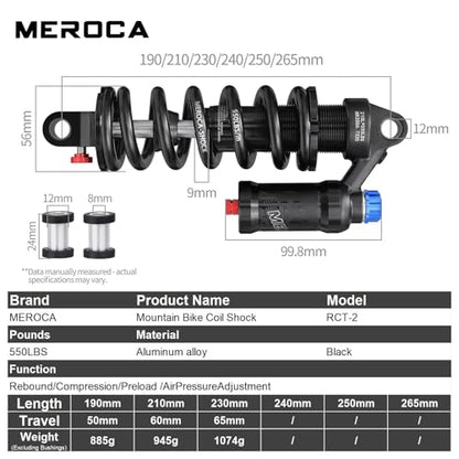 MEROCA Adjustable Air Spring Coil Over Shock Absorber for Mountain Bikes, 190-265mm, 550LBS Spring, Rebound, Compression, Preload, and Air Pressure (200-300 PSI) Fits MTB/Downhill/eBikes - size: 210mm*550lbs