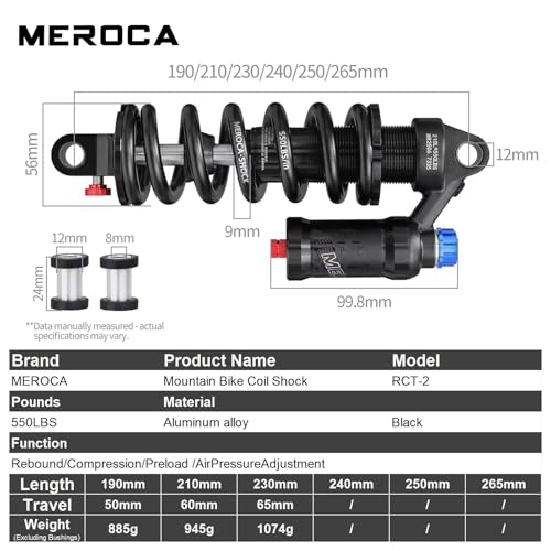 MEROCA Adjustable Air Spring Coil Over Shock Absorber for Mountain Bikes, 190-265mm, 550LBS Spring, Rebound, Compression, Preload, and Air Pressure (200-300 PSI) Fits MTB/Downhill/eBikes - size: 230mm*550lbs