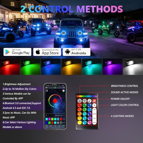 MONDEVIEW 8 Pods RGB LED Rock Lights for Jeeps Trucks Golf Carts & UTVs, Waterproof Underglow Kit with APP Control, Music Mode, 12V Underbody Neon Lights for Cars, ATV, RZR, SUV, Offroad Vehicles