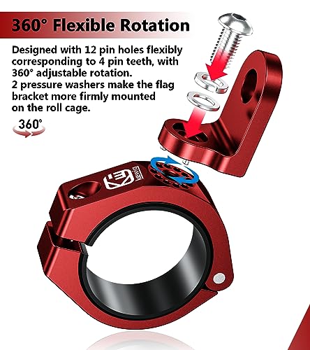 VAZESWIN 2 PCS UTV Whip Light Mounts, Sturdy Aluminium Alloy UTV Whip Flag Mounts, 360° Rotating Adjustable Off-Road Light Bar Mounting Brackets for 1.5" / 1.65" / 1.75" / 1.85" / 2" Roll Bars, Red