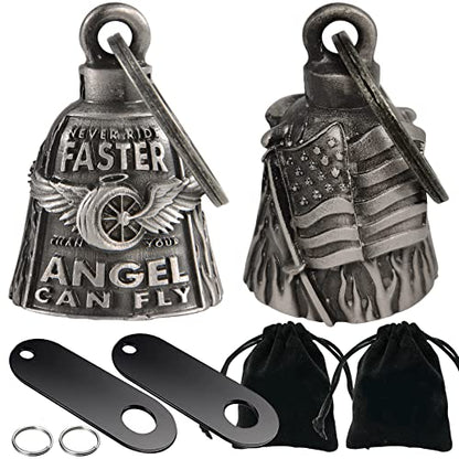 Dream Apparel 2 Pack Motorcycle Bells Guardian Angel for Biker Rider Men Women Ride Riding with Hangers, Drive Away Gremlins - color: Wing Wheel Bell + Us Flag Bell