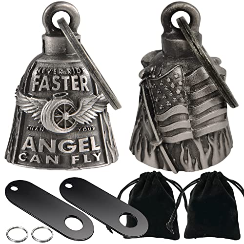 Dream Apparel 2 Pack Motorcycle Bells Guardian Angel for Biker Rider Men Women Ride Riding with Hangers, Drive Away Gremlins - color: Wing Wheel Bell + Us Flag Bell