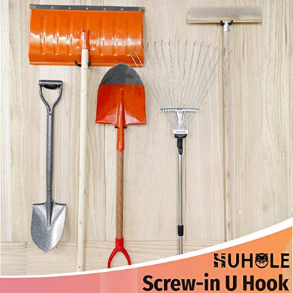 HUHOLE 6 Pack Screw in U Hooks Garage Storage Organizers | Shovel Holders with 30 lb Capacity for Garden Tools, Power Equipment, Rakes, Weed Trimmers, Ladders and Extension Cords - style: HD U Hook 6PC