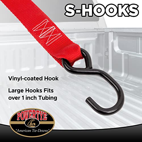 1.5in x 5.5ft Cam Buckle Tie-Downs w/S-Hooks - 600 lb. WLL / 1,800 lb. Breaking Strength - Made in USA - Red (Pair) - color: Red Strap